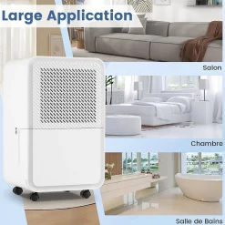 Déshumidificateur d'air 15L/Jour, Réservoir d'Eau 2,4L,avec 2 Vitesses, 4 Roulettes,pour Salon, Bureau, Salle de Bain