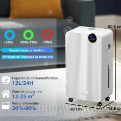 Déshumidificateur d'air 12L/jour mobile silencieux réservoir 2,1L timer 24H écran LED témoin d'humidité filtre lavable