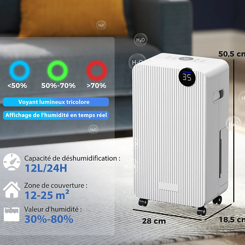 Déshumidificateur d'air 12L/jour mobile silencieux réservoir 2,1L timer 24H écran LED témoin d'humidité filtre lavable