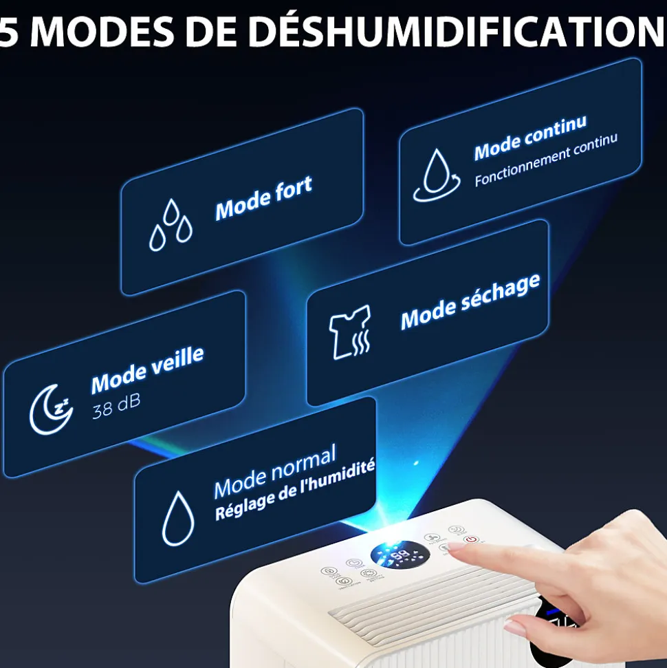 Déshumidificateur d'air 12L/jour mobile silencieux réservoir 2,1L timer 24H écran LED témoin d'humidité filtre lavable