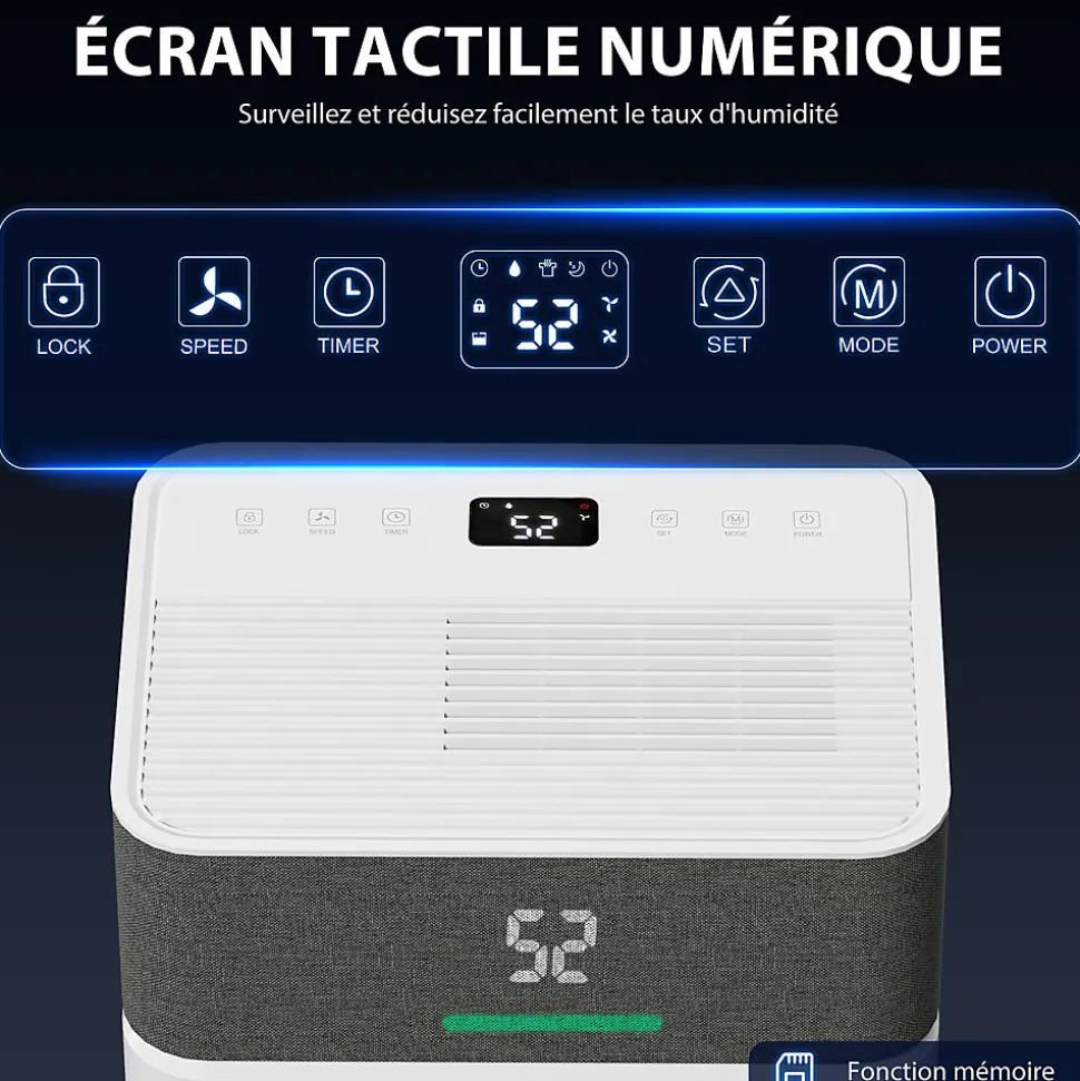 Déshumidificateur d'air 12L/jour mobile silencieux réservoir 2,1L timer 24H écran LED témoin d'humidité filtre lavable