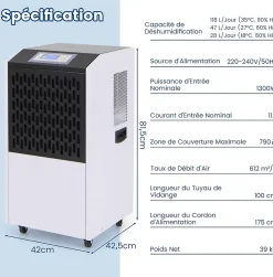 Déshumidificateur Industriel1300W,118L, Contrôle Humidité,avec 4 Roues, Minuterie 0-24H, pour Entrepôts et Caves