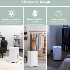 Déshumidificateur électrique 15L/Jour, 3 Modes, Minuterie 24H, 2 Vitesses du Vent, Réservoir d'Eau 2L, Blanc