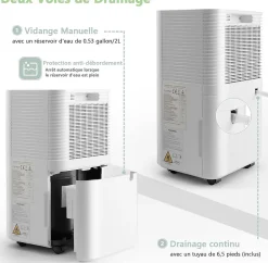 Déshumidificateur électrique 15L/Jour, 3 Modes, Minuterie 24H, 2 Vitesses du Vent, Réservoir d'Eau 2L, Blanc