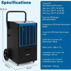 Déshumidificateur Professionnel 66L/Jour, Déshumidificateur Industriel pour Pièces jusqu'à 418 m²