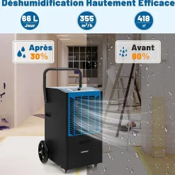 Déshumidificateur Professionnel 66L/Jour, Déshumidificateur Industriel pour Pièces jusqu'à 418 m²
