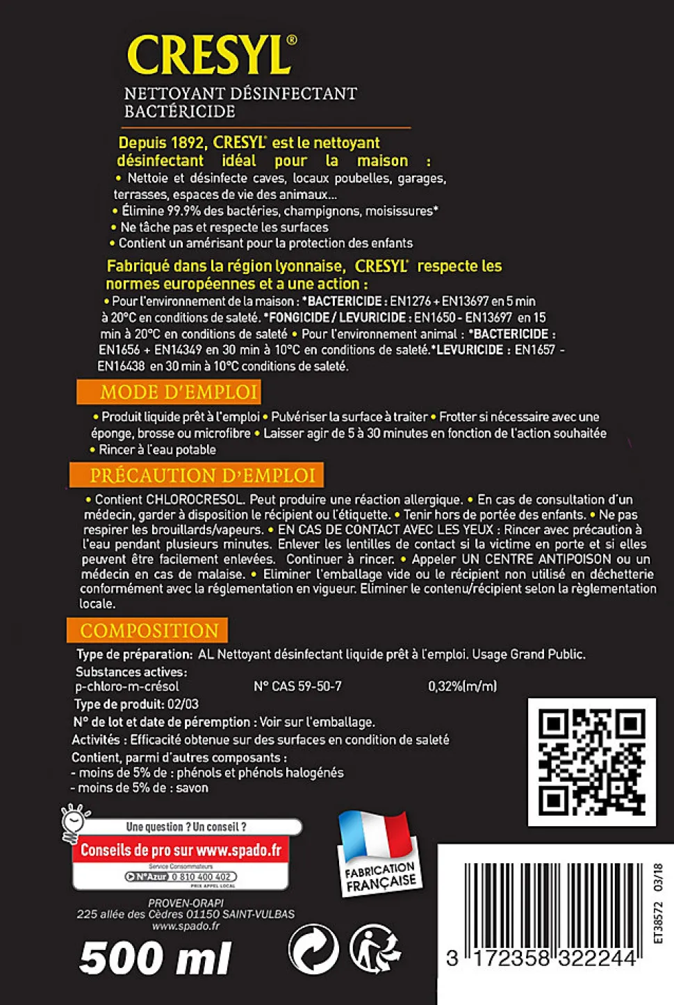 Désinfectant bactéricide fongicide Cresyl Spado 500ml