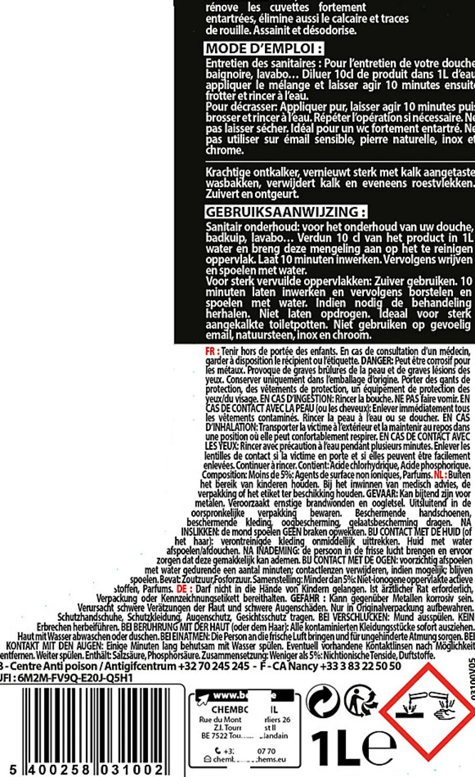 Détartrant industriel concentré SANI 1l