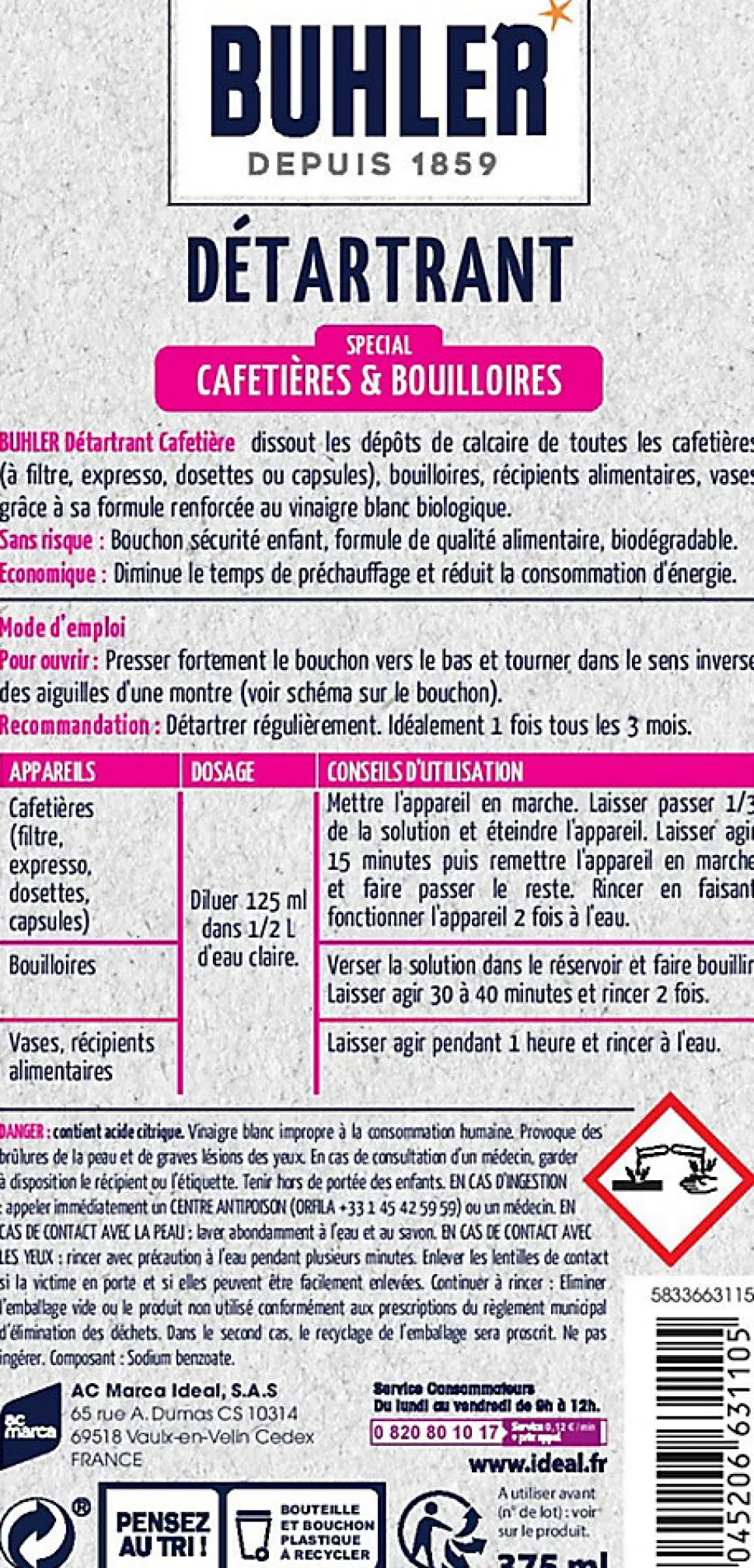 Détartrant spécial cafetières et bouilloires 375ml Buhler