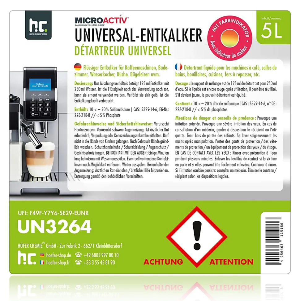 Détartrant Universel Microactiv Avec Indicateur De Couleur Pour Machines À Café Entièrement Automatiques En Bidon De 4 x 5 L