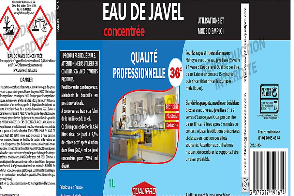 Eau de javel concentrée 9,6% 36° Qualipro 1L