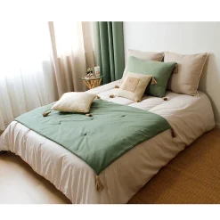 Edredon Panama avec pompons en jute (90x190 cm - Vert)
