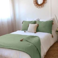 Edredon Panama avec pompons en jute (90x190 cm - Vert)