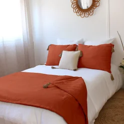 Edredon Panama avec pompons en jute (90x190 cm - Brique)