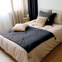 Edredon Panama avec pompons en jute (90x190 cm - Noir)