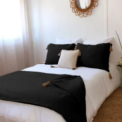 Edredon Panama avec pompons en jute (90x190 cm - Noir)