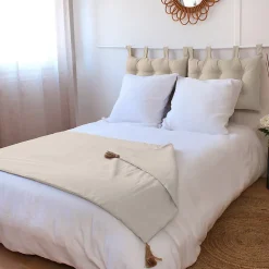 Edredon Panama avec pompons en jute (90x190 cm - Ecru)