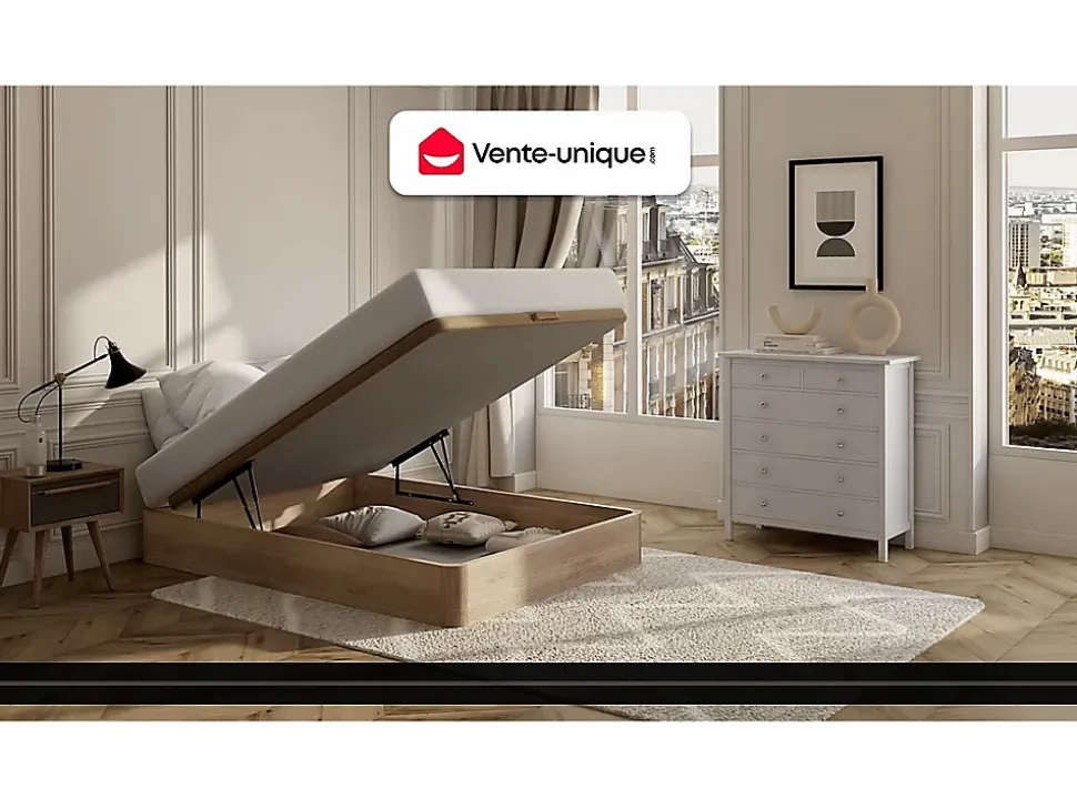 Ensemble 140 x 190 cm sommier coffre naturel clair + matelas ressorts ensachés 7 zones et mémoire de forme ép.24cm - MERISI de