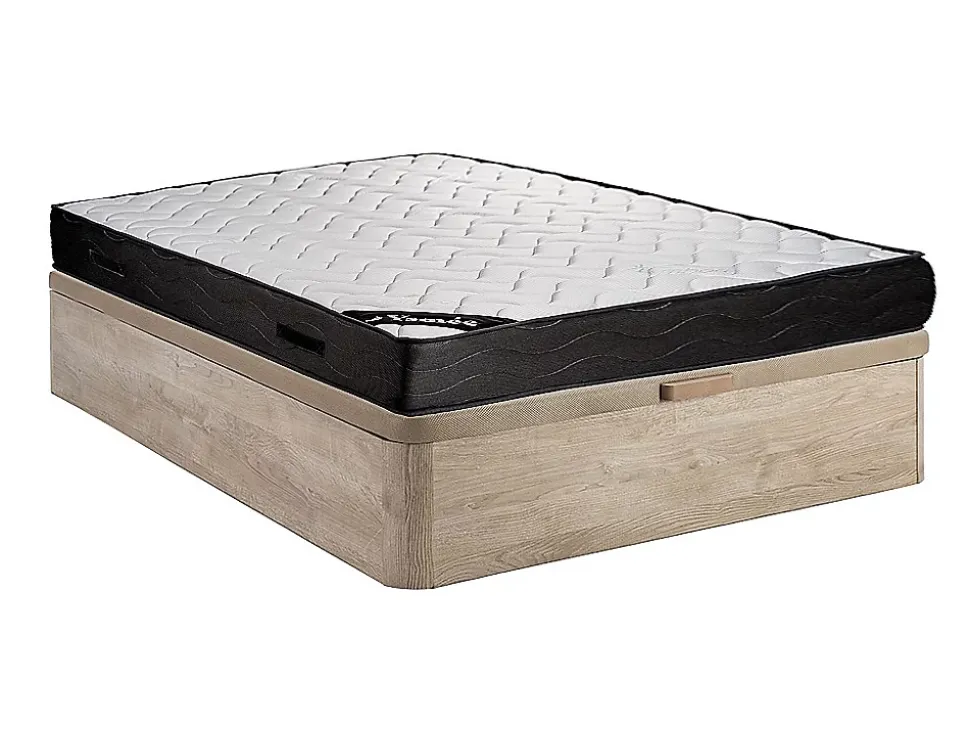 Ensemble 140 x 190 cm sommier coffre naturel clair + matelas ressorts ensachés 7 zones et mémoire de forme ép.24cm - MERISI de