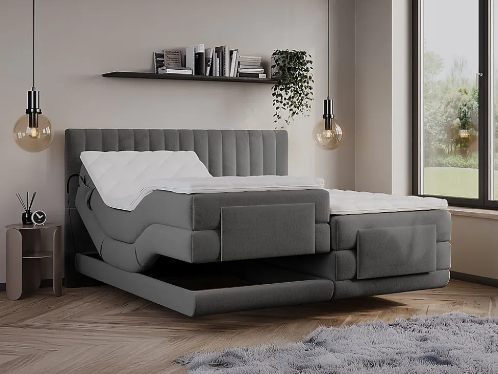 Ensemble complet boxspring tête de lit coutures verticales + sommiers relaxation électrique + matelas + surmatelas - 2 x 80 x 200