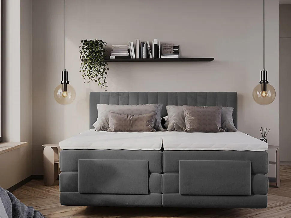 Ensemble complet boxspring tête de lit coutures verticales + sommiers relaxation électrique + matelas + surmatelas - 2 x 80 x 200