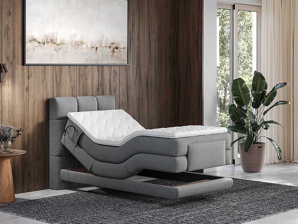 Ensemble complet boxspring tête de lit capitonnée + sommiers relaxation électrique + matelas + surmatelas - 100 x 200 cm - Tissu -