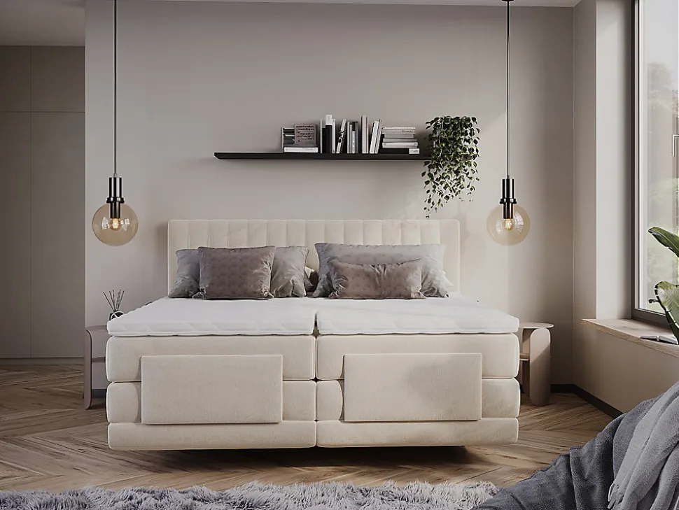 Ensemble complet boxspring tête de lit coutures verticales + sommiers relaxation électrique + matelas + surmatelas - 2 x 90 x 200