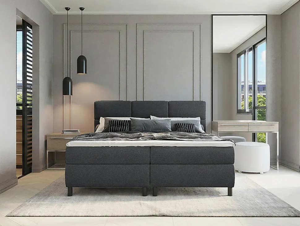 Ensemble complet boxspring tête de lit capitonnée + sommiers + matelas + surmatelas - 2 x 90 x 200 cm - Tissu - Anthracite - LODI