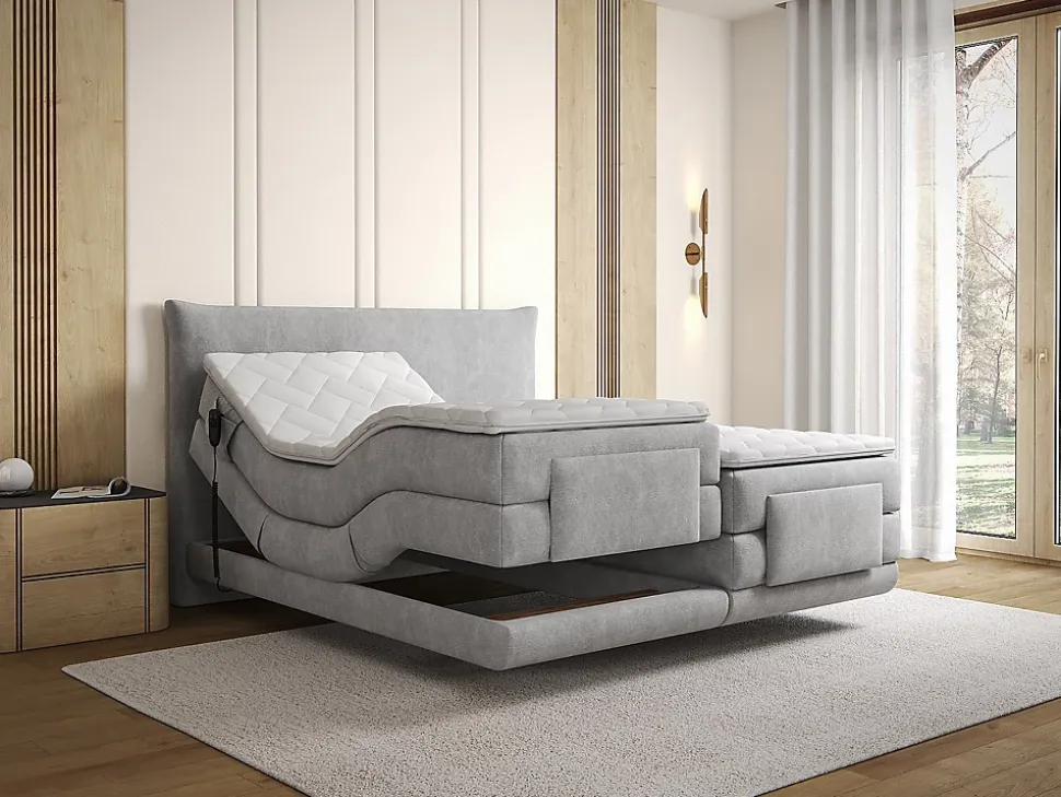 Ensemble complet boxspring tête de lit + sommiers relaxation électrique + matelas + surmatelas - 2 x 90 x 200 cm - Tissu - Gris