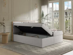 Ensemble complet literie déco tête de lit encadré bois + sommiers coffre + matelas + surmatelas - 160 x 200 cm - Tissu - Gris