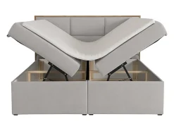 Ensemble complet literie déco tête de lit encadré bois + sommiers coffre + matelas + surmatelas - 160 x 200 cm - Tissu - Gris