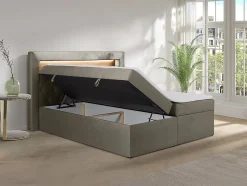 Ensemble complet literie déco tête de lit avec led + sommiers coffre + matelas + surmatelas - 180 x 200 cm - Velours - Taupe -