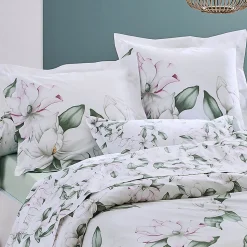 Ensemble drap plat et 2 taies Magnolia Sauge (240x310 cm - Blanc)