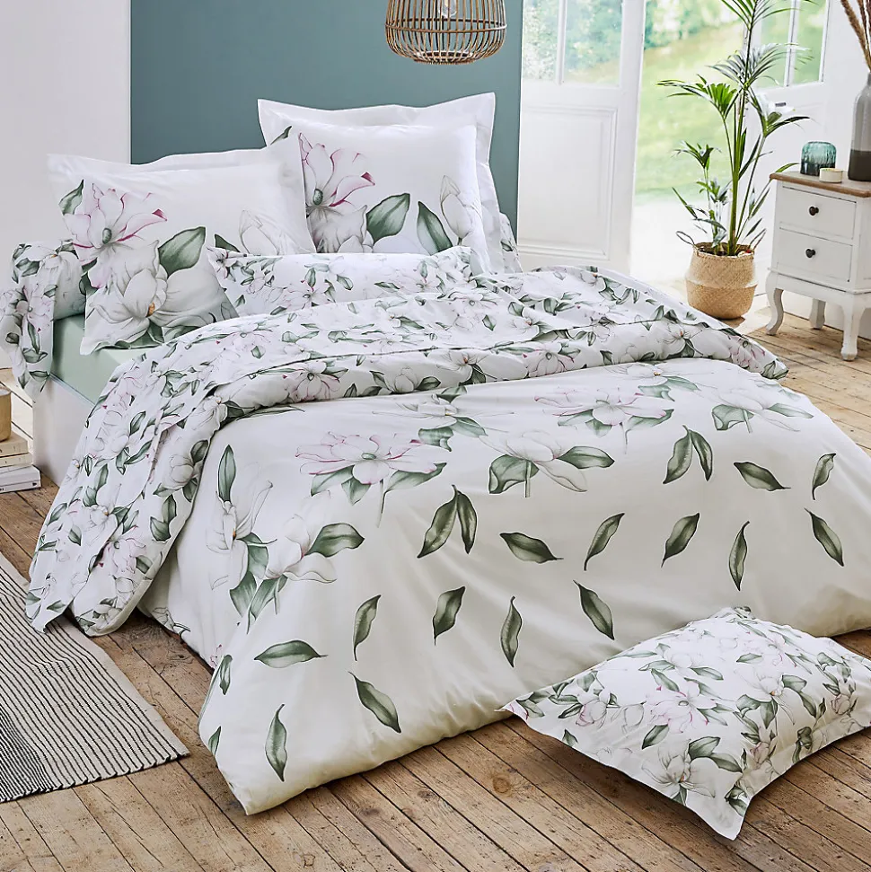 Ensemble drap plat et 2 taies Magnolia Sauge (240x310 cm - Blanc)