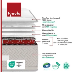 Ensemble Epeda L'INOUBLIABLE + Sommier Confort Medium + Pieds 90x200 Gris souris Ressorts