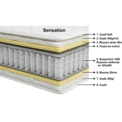 Ensemble Essenzia SENSATION EXTRA FERME 1000 + Sommier Graphic 13 cm + Pieds 180x210 Gris clair Ressorts