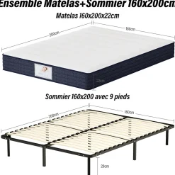 Ensemble Matelas à ressorts +Sommier à Lattes sur Pieds, 160x200cm, Epaisseur du Matelas 22cm
