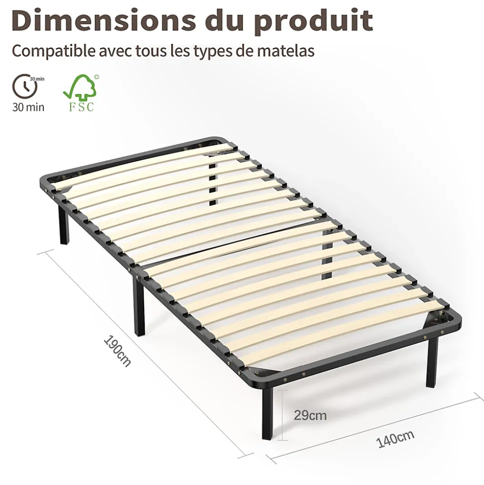 Ensemble Matelas à ressorts +Sommier à Lattes sur Pieds, 90x190cm, Epaisseur du Matelas 25cm