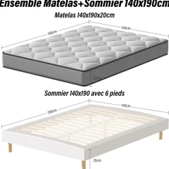 Ensemble Matelas à ressorts+ Lit Sommier Tapissier Déco 140x190cm, Epaisseur du Matelas 20cm
