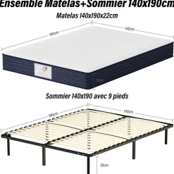 Ensemble Matelas à ressorts +Sommier à Lattes sur Pieds, 140x190cm, Epaisseur du Matelas 22cm