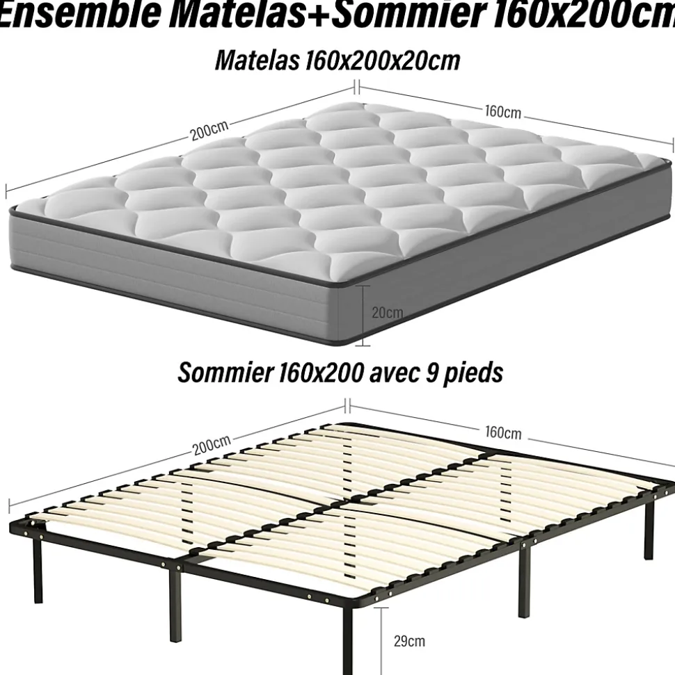 Ensemble Matelas à ressorts +Sommier à Lattes sur Pieds, 160x200cm, Epaisseur du Matelas 20cm