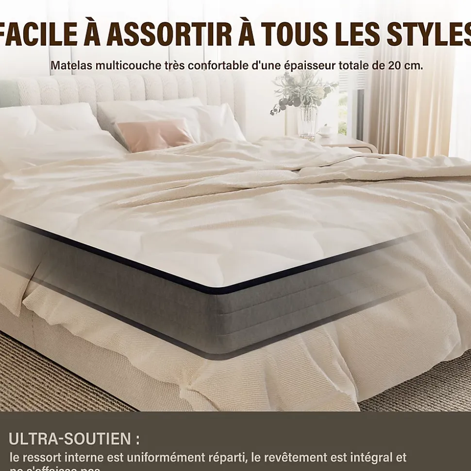 Ensemble Matelas à ressorts +Sommier à Lattes sur Pieds, 160x200cm, Epaisseur du Matelas 20cm