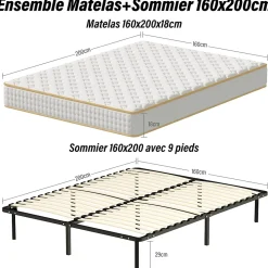 Ensemble Matelas en mousse + Sommier à Lattes 160x200cm, Epaisseur du Matelas 18 cm