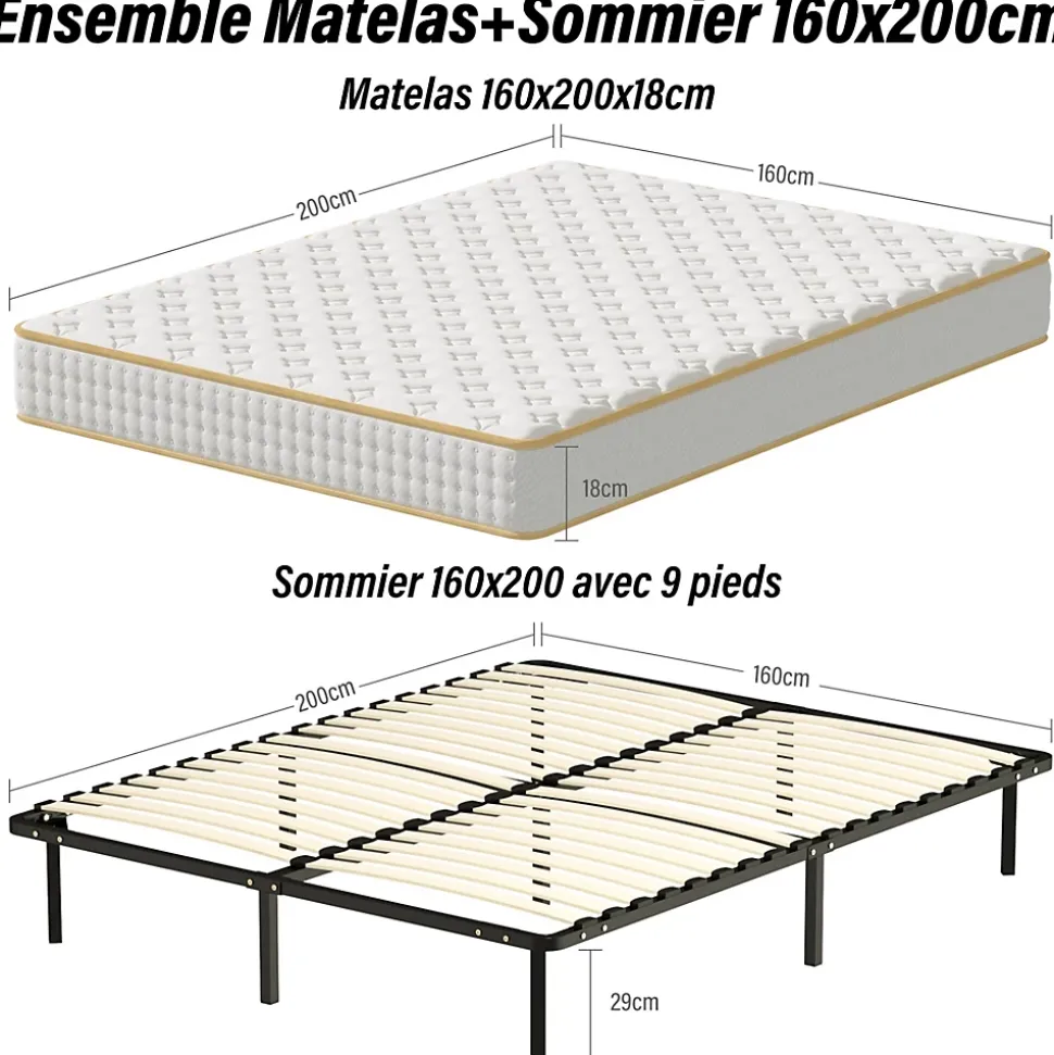Ensemble Matelas en mousse + Sommier à Lattes 160x200cm, Epaisseur du Matelas 18 cm