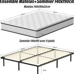 Ensemble Matelas en mousse + Sommier à Lattes 140x190cm, Epaisseur du Matelas 22cm