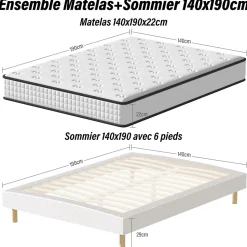 Ensemble Matelas en Mousse+ Lit Sommier Tapissier Déco 140x190cm, Epaisseur du Matelas 22cm