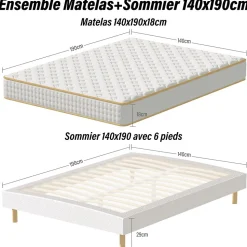 Ensemble Matelas en Mousse+ Lit Sommier Tapissier Déco 140x190cm, Epaisseur du Matelas 18cm