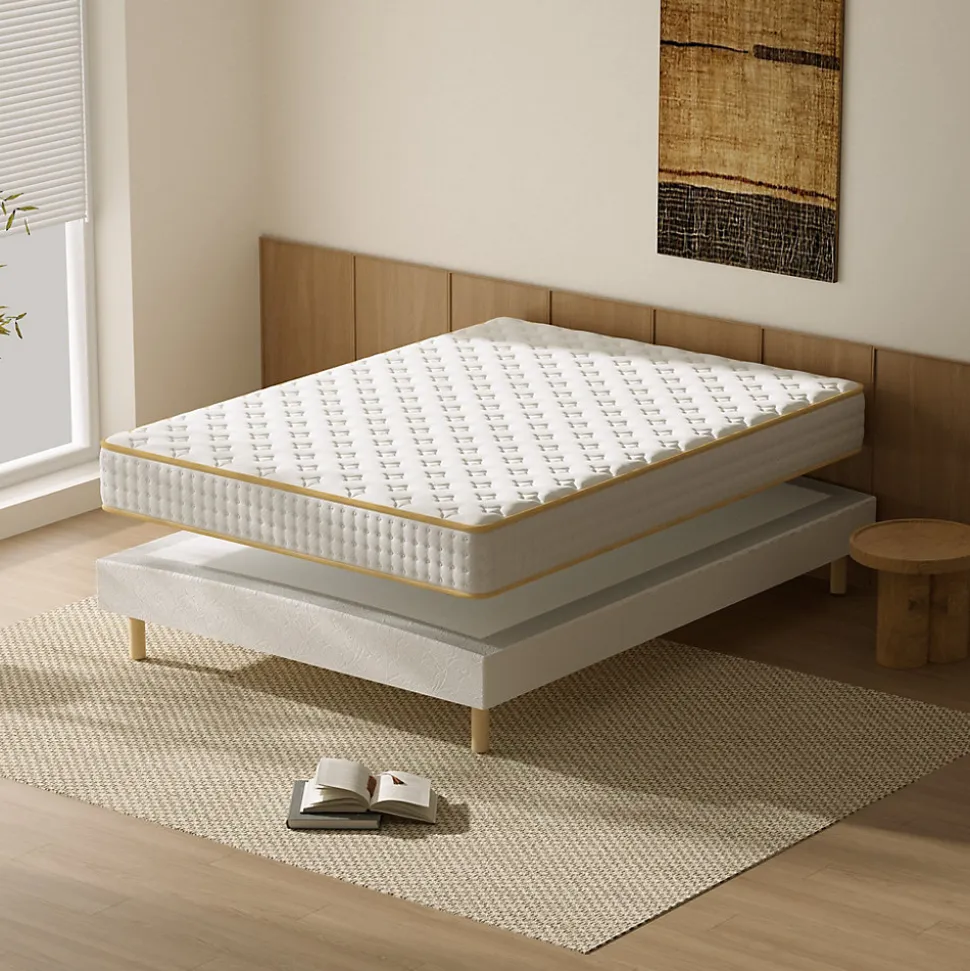Ensemble Matelas en Mousse+ Lit Sommier Tapissier Déco 140x190cm, Epaisseur du Matelas 18cm