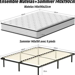 Ensemble Matelas en mousse + Sommier à Lattes 160x200cm, Epaisseur du Matelas 22cm