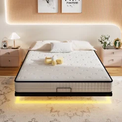 Ensemble matelas LED 140x190 cm - matelas en mousse de 22 cm d'épaisseur + cadre de lit en métal avec éclairage LED